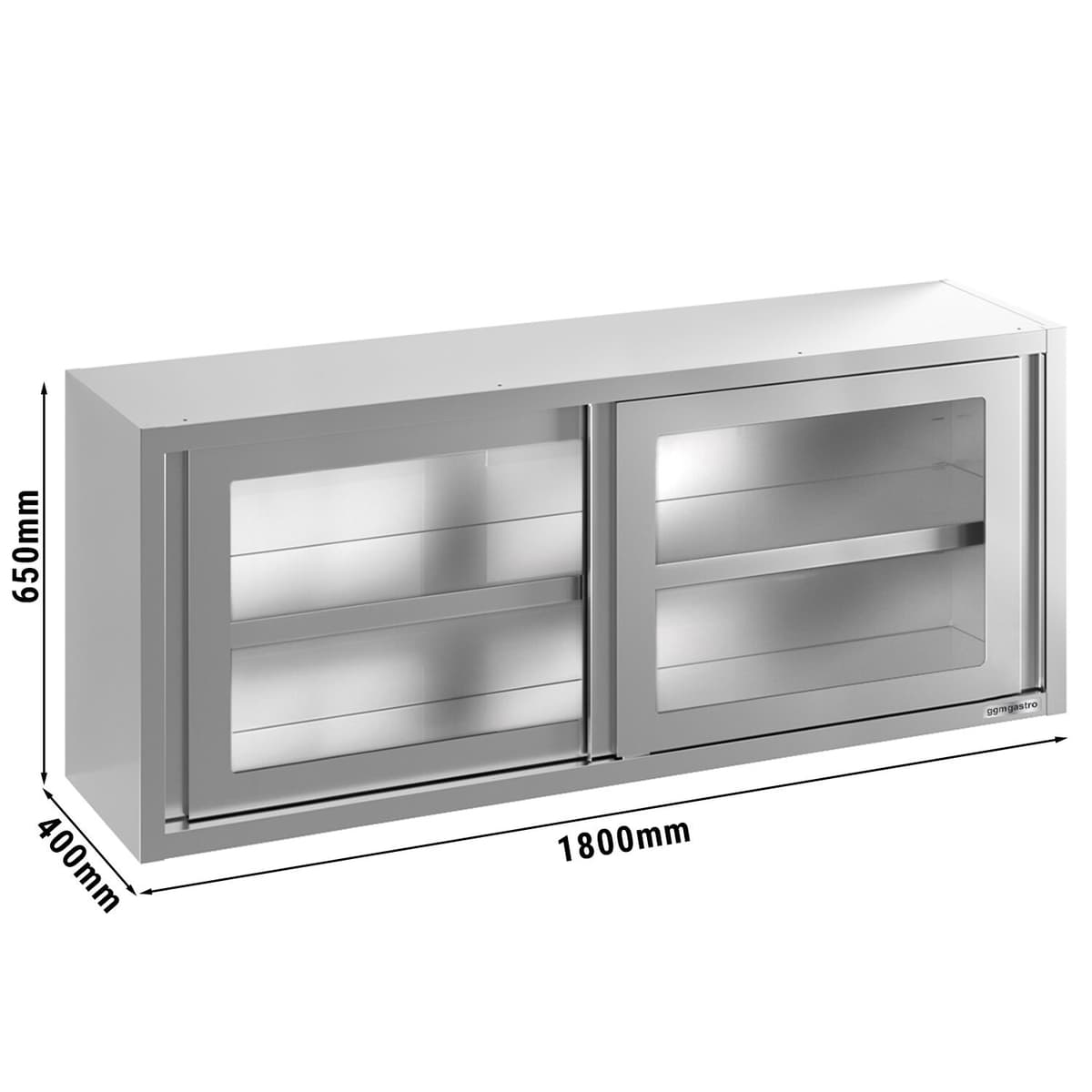 Stainless steel wall cabinet - 1800x400mm - with sliding glass door - 650mm high