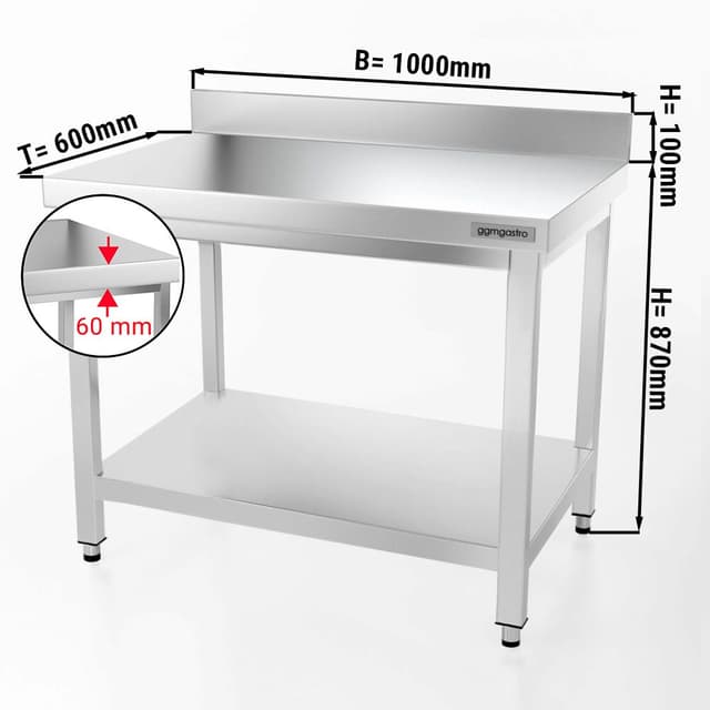 Edelstahl Arbeitstisch PREMIUM - 1000x600mm - mit Grundboden & Aufkantung