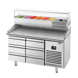 Pizza preparation table Premium PLUS - 1490x700mm - with 6 drawers - incl. refrigerated display case - 6x GN 1/4