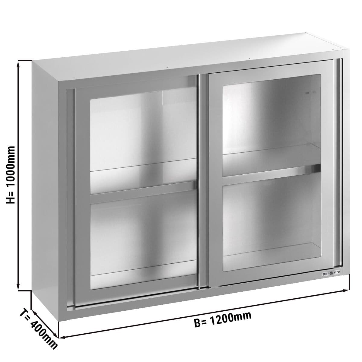 Stainless steel wall cabinet - 1200x400mm - with sliding glass door - 1000mm high