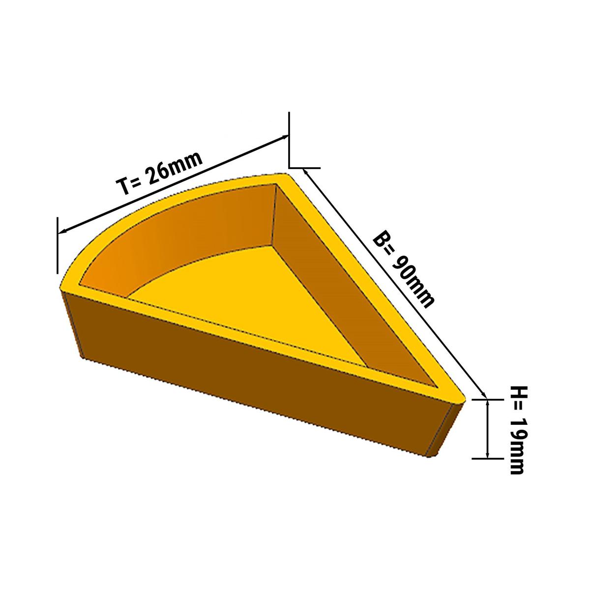 Forma pro stroj na tartaletky - Tvar: kousek dortu - nahoře: 110 x 60 mm, dole: 100 x 48 mm / výška: 20 mm