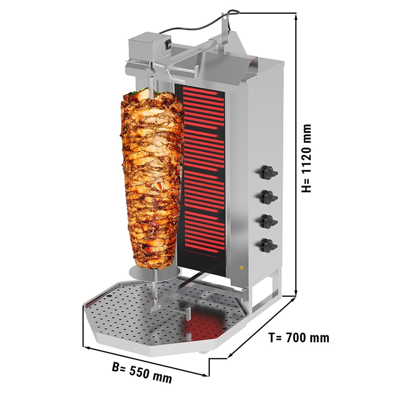 Gril na gyros/kebab - 4 hořáky - max. 60 kg - vč. křídlových dvířek