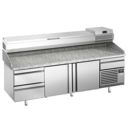 Pizza preparation table Premium PLUS- 2305x800mm - with 2 doors & 2 drawers- incl. refrigerated display case - 11x GN 1/4