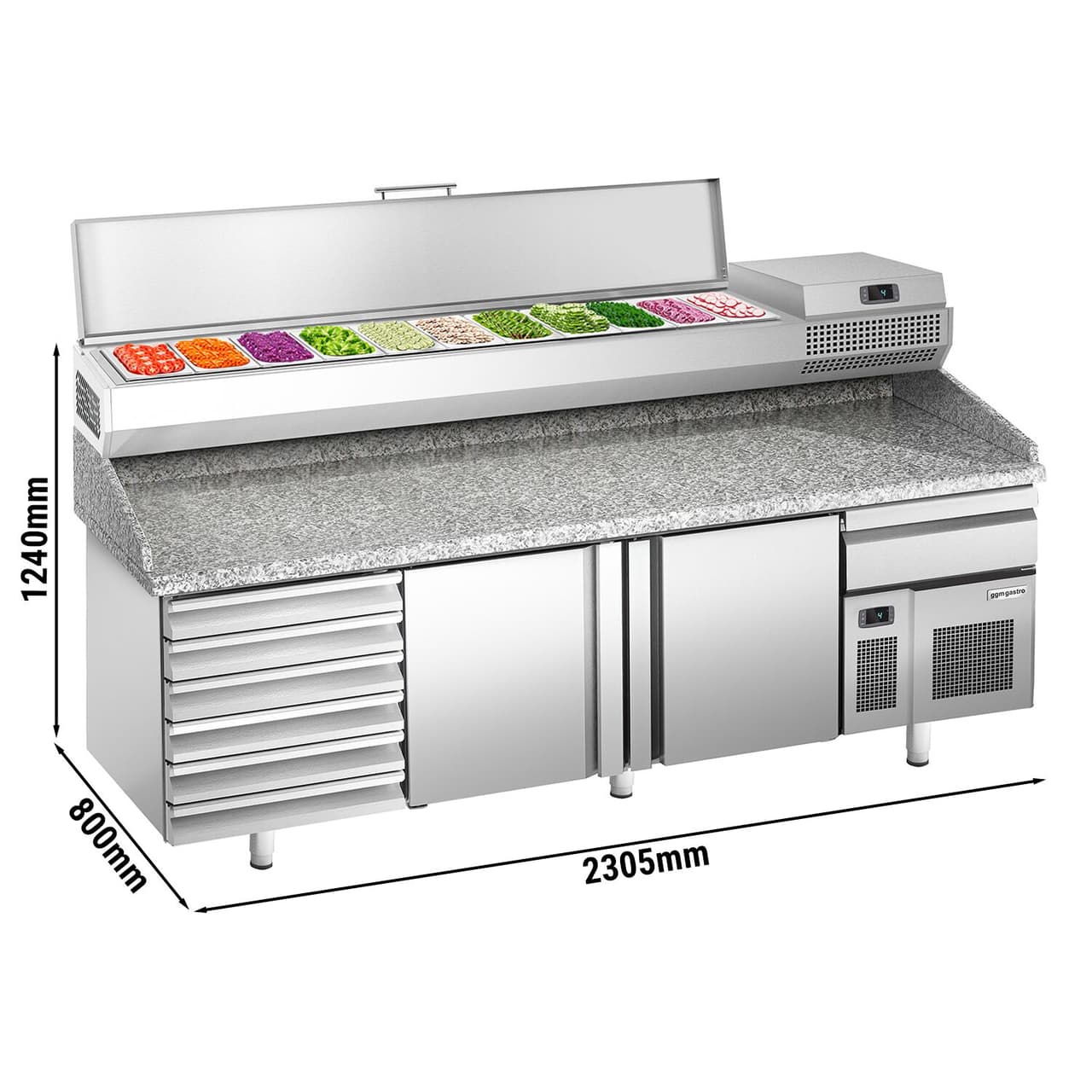 Pizza preparation table Premium PLUS- 2305x800mm- with 2 doors & 6 drawers - incl. refrigerated display case - 11x GN 1/4