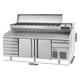 Pizza preparation table Premium PLUS- 2305x800mm- with 2 doors & 6 drawers - incl. refrigerated display case - 11x GN 1/4