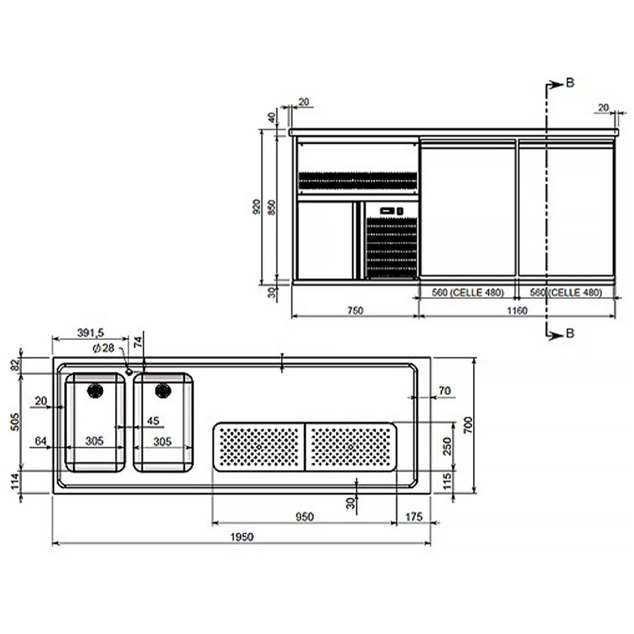 Výčepní pult 1,95 x 0,7 m - 1 dveře se 2 šuplíky 1/2 + 1/2