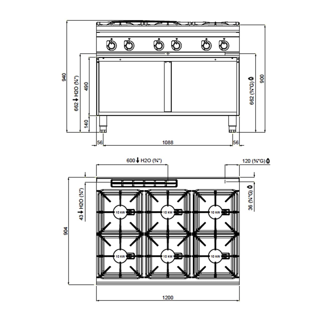 Plynový sporák - se 6 hořáky - 60 kW - vysoce výkonný model