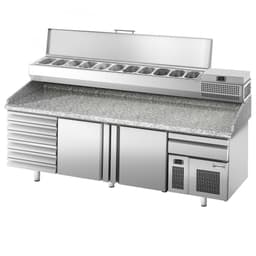 Pizza preparation table Premium PLUS- 2305x800mm- with 2 doors & 6 drawers - incl. refrigerated display case - 11x GN 1/4