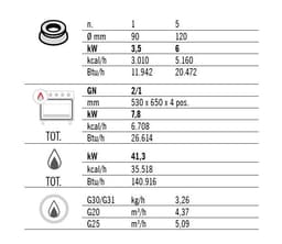 Plynový sporák 6 hořáků (33,5 kW) + plynová trouba (7,8 kW)