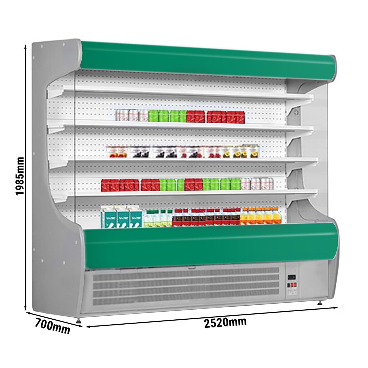 Přístěnný chladicí regál - 2520 mm - s LED osvětlením a 4 policemi - zelený čelní panel