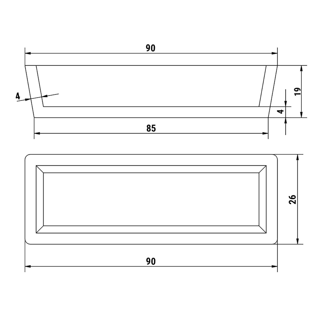 Forma pro stroj na tartaletky - Tvar: obdélník - nahoře: 90 x 26 mm dole: 85x26 mm / výška: 19 mm