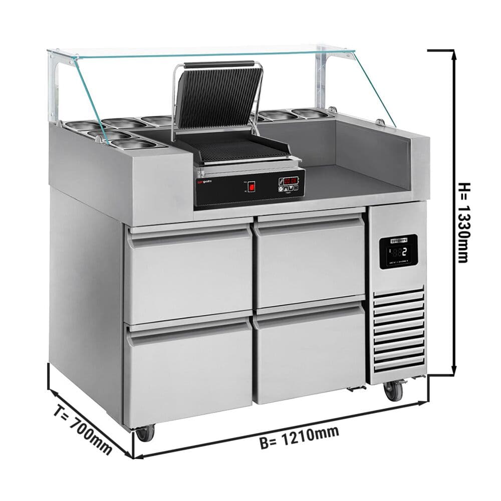 Přípravný stůl - 1,21 x 0,7 m - s 4 šuplíky 1/2 - vč. digitálního kontakního grilu