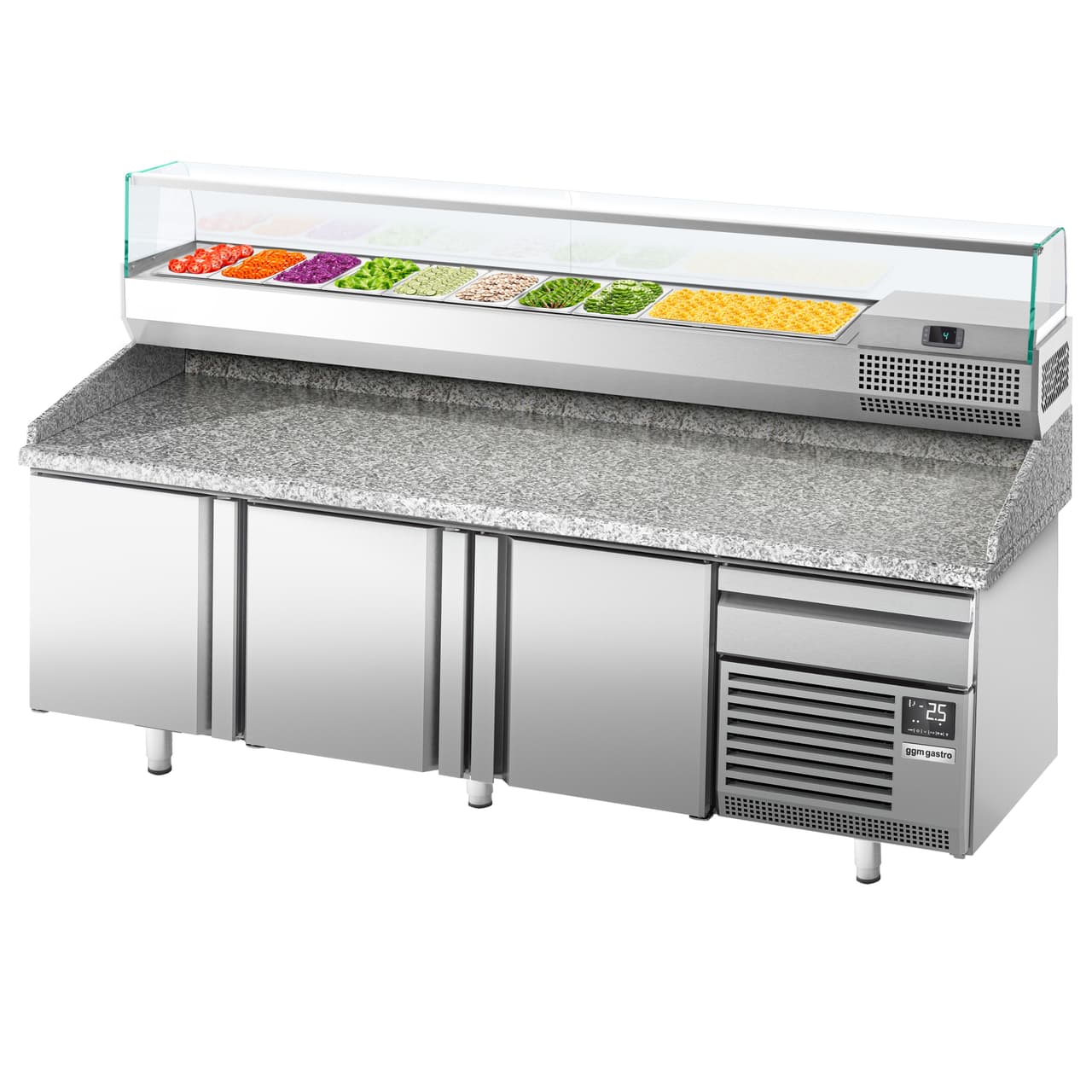 Pizzakühltisch Premium PLUS - 2305x800mm - mit 3 Türen - inkl. Kühlaufsatzvitrine - 10x GN 1/3