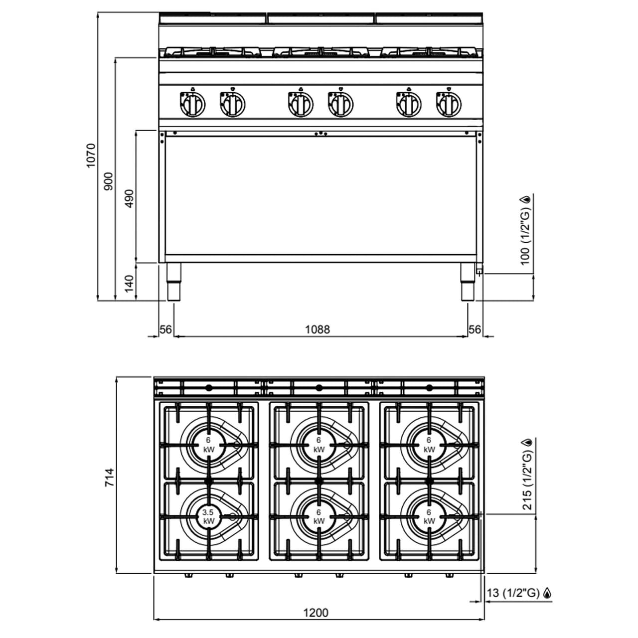 Plynový sporák 6 hořáků (33,5 kW) s pilotním plamenem