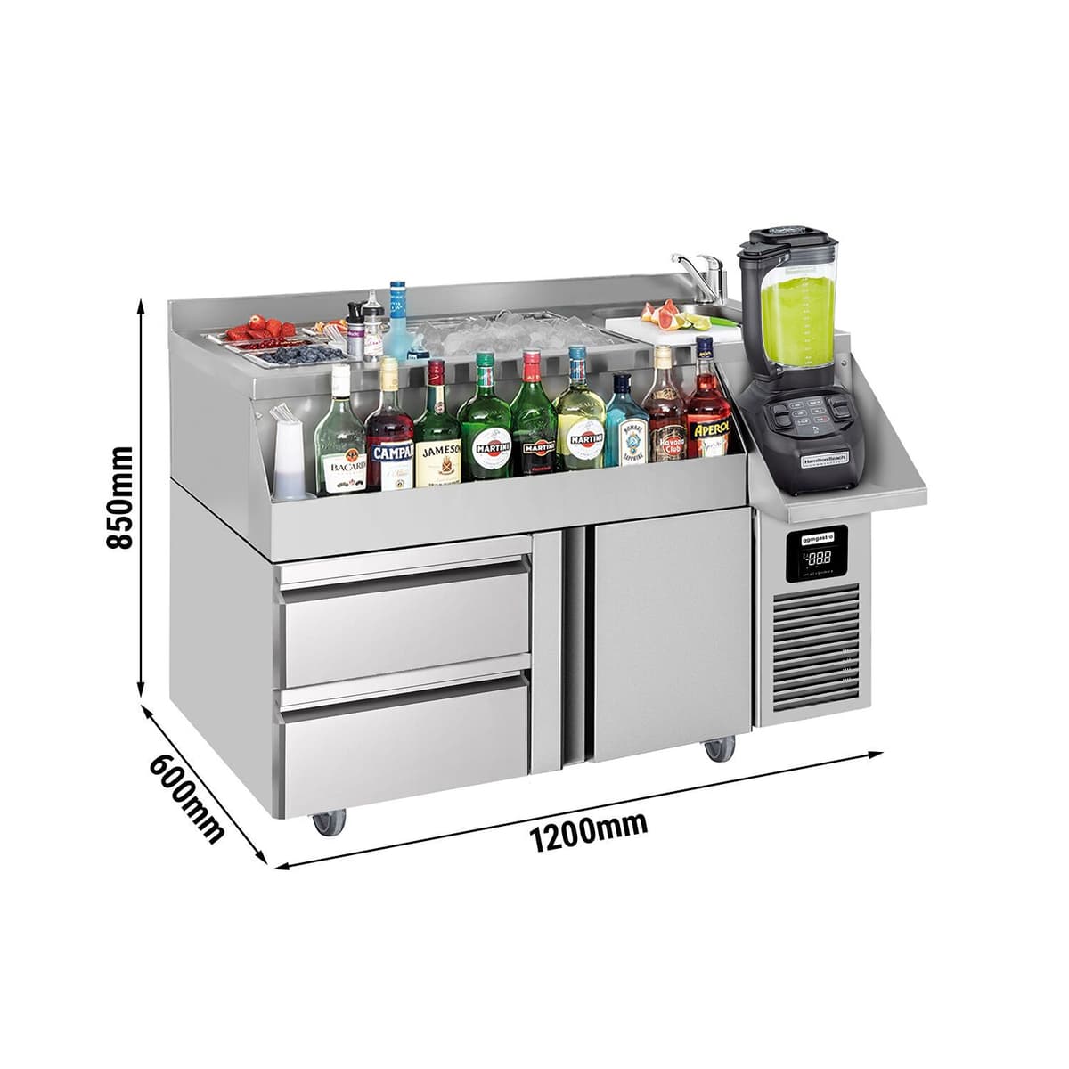 Bar & beverage cooling table - 1200x600mm - 150 litres - with 1 door, 1 drawer 1/2 & shelves