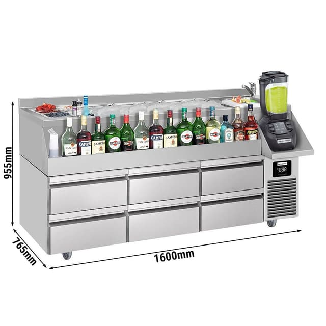 Bar/beverage cooling table - 1600x600mm- 235 Litres- with 6 drawers & shelves