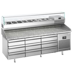 Pizza preparation table Premium PLUS - 1980x700mm - with 9 drawers - incl. refrigerated display case - 9x GN 1/4