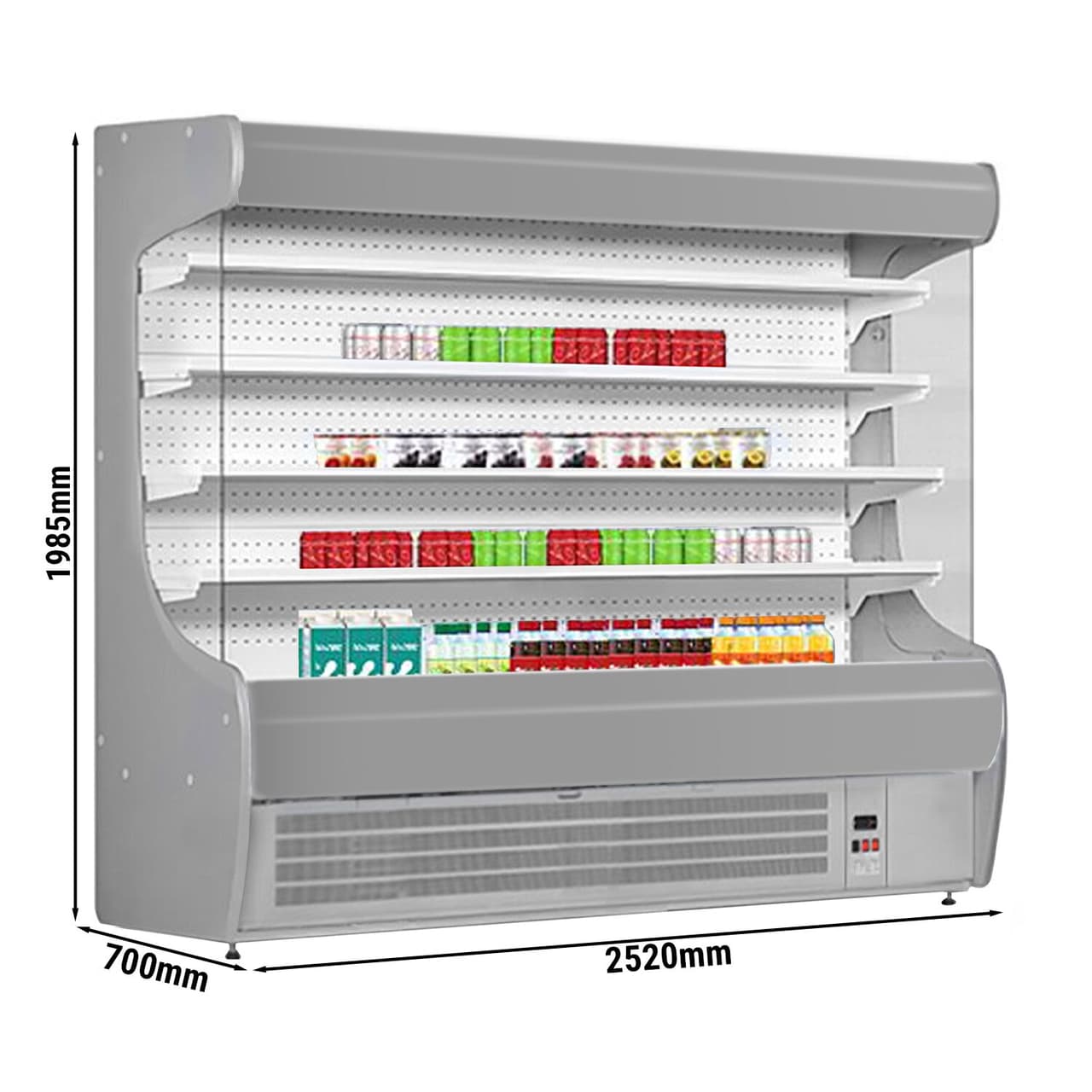 Přístěnný chladicí regál - 2520 mm - s LED osvětlením a 4 policemi - stříbrný čelní panel