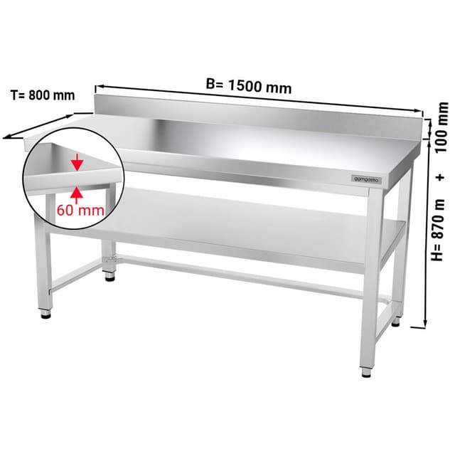 Edelstahl Arbeitstisch PREMIUM - 1500x800mm - mit Grundboden, Aufkantung & Verstrebung