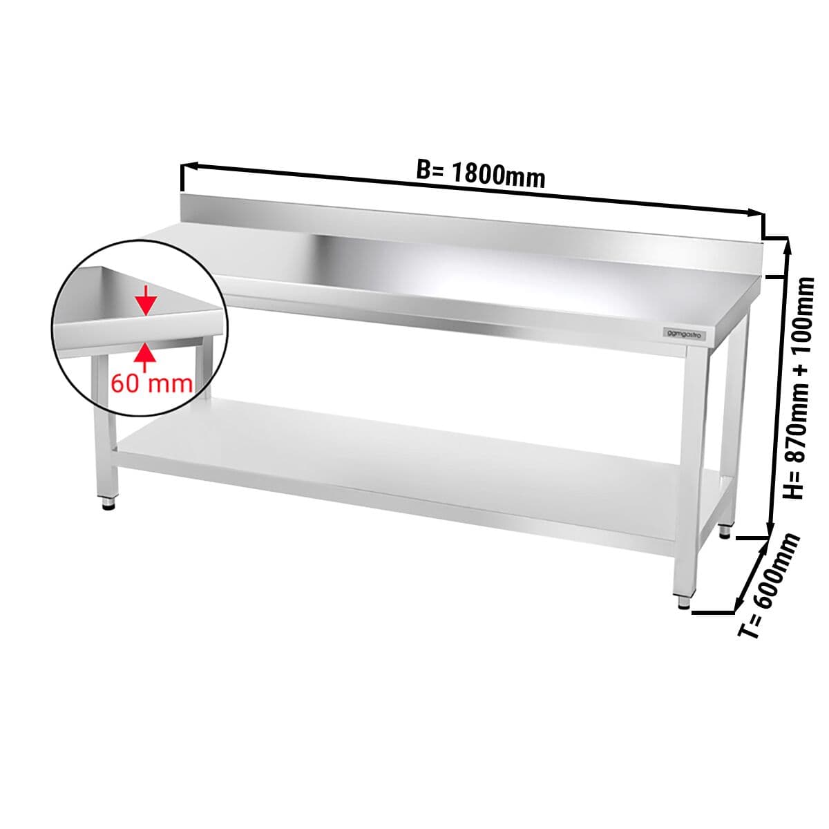 Edelstahl Arbeitstisch PREMIUM - 1800x600mm - mit Grundboden & Aufkantung