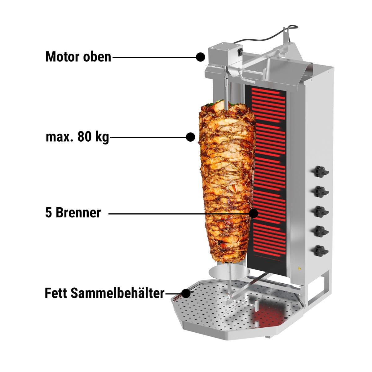 Gril na gyros/kebab - 5 hořáků - max. 80 kg - vč. křídlových dvířek