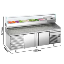 Pizzakühltisch Premium PLUS - 2305x800mm - mit 2 Türen & 6 Schubladen - inkl. Kühlaufsatzvitrine - 11x GN 1/4