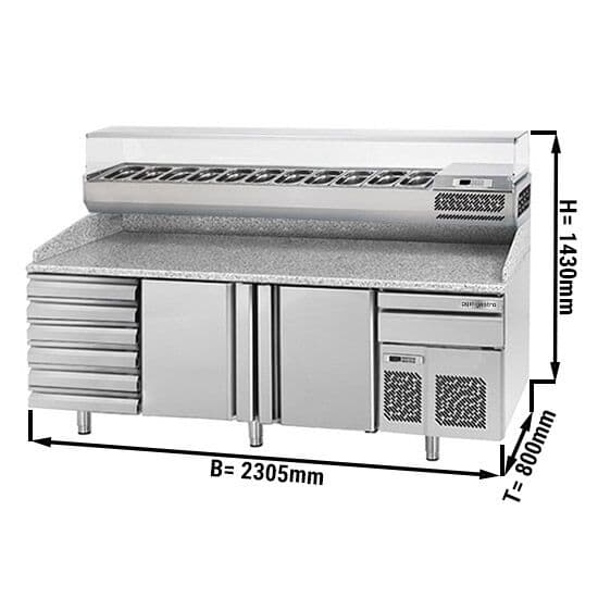 Pizza preparation table Premium PLUS- 2305x800mm - with 2 doors & 6 drawers- incl. refrigerated display case - 11x GN 1/4