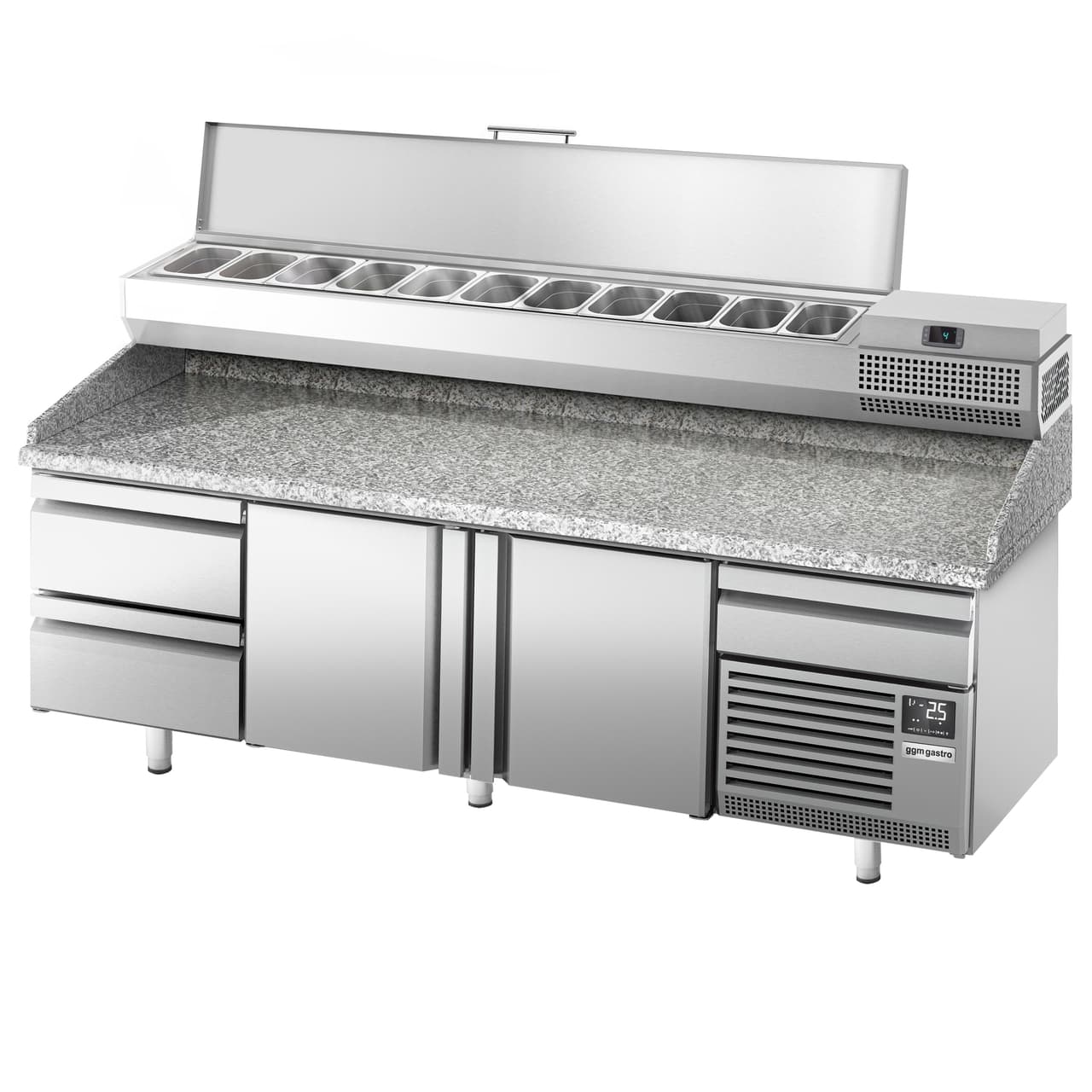 Pizza preparation table Premium PLUS- 2305x800mm - with 2 doors & 2 drawers- incl. refrigerated display case - 11x GN 1/4