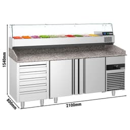 Chladicí stůl na pizzu PREMIUM - 2100x800mm - se 3 dveřmi & 7 zásuvkami - vč. chladicí vitríny - 10x GN 1/3