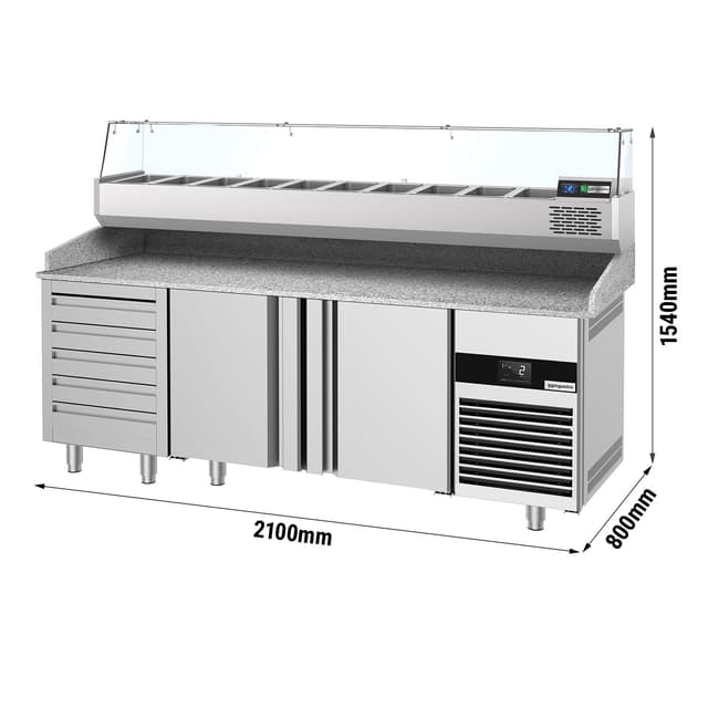 Chladicí stůl na pizzu PREMIUM - 2100x800mm - se 3 dveřmi & 7 zásuvkami - vč. chladicí vitríny - 10x GN 1/3