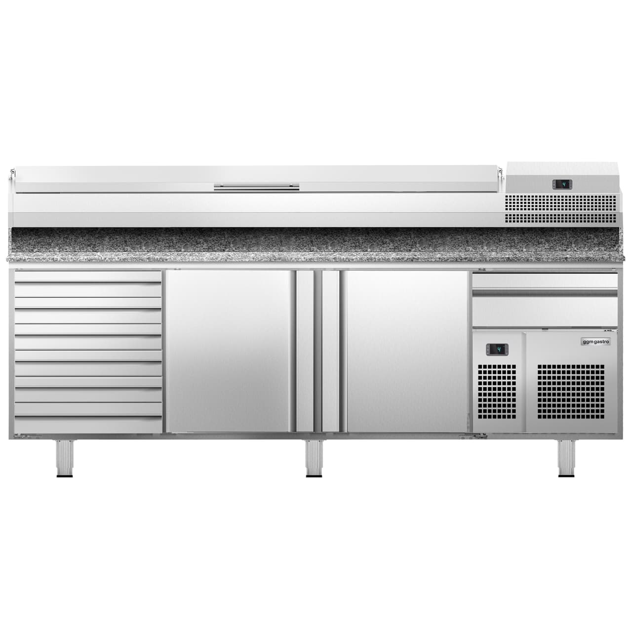 Pizza preparation table Premium PLUS- 2305x800mm- with 2 doors & 6 drawers - incl. refrigerated display case - 11x GN 1/4