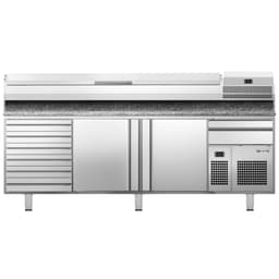 Pizza preparation table Premium PLUS- 2305x800mm- with 2 doors & 6 drawers - incl. refrigerated display case - 11x GN 1/4