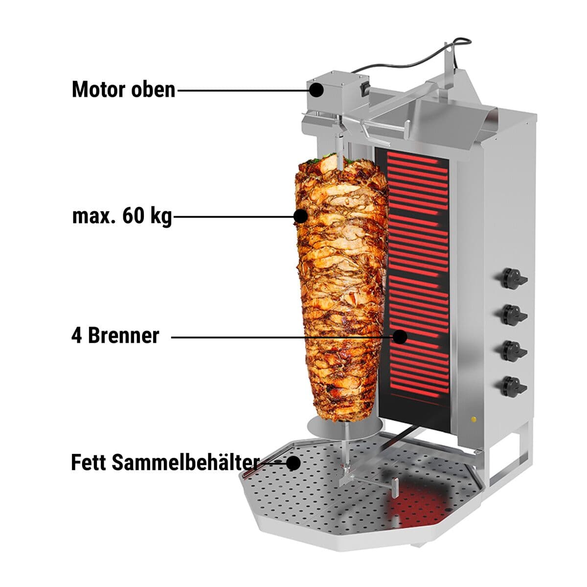 Gril na gyros/kebab - 4 hořáky - max. 60 kg - vč. křídlových dvířek