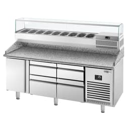 Pizza preparation table Premium PLUS - 1980x700mm - with 1 door & 4 drawers - incl. refrigerated display case - 9x GN 1/4