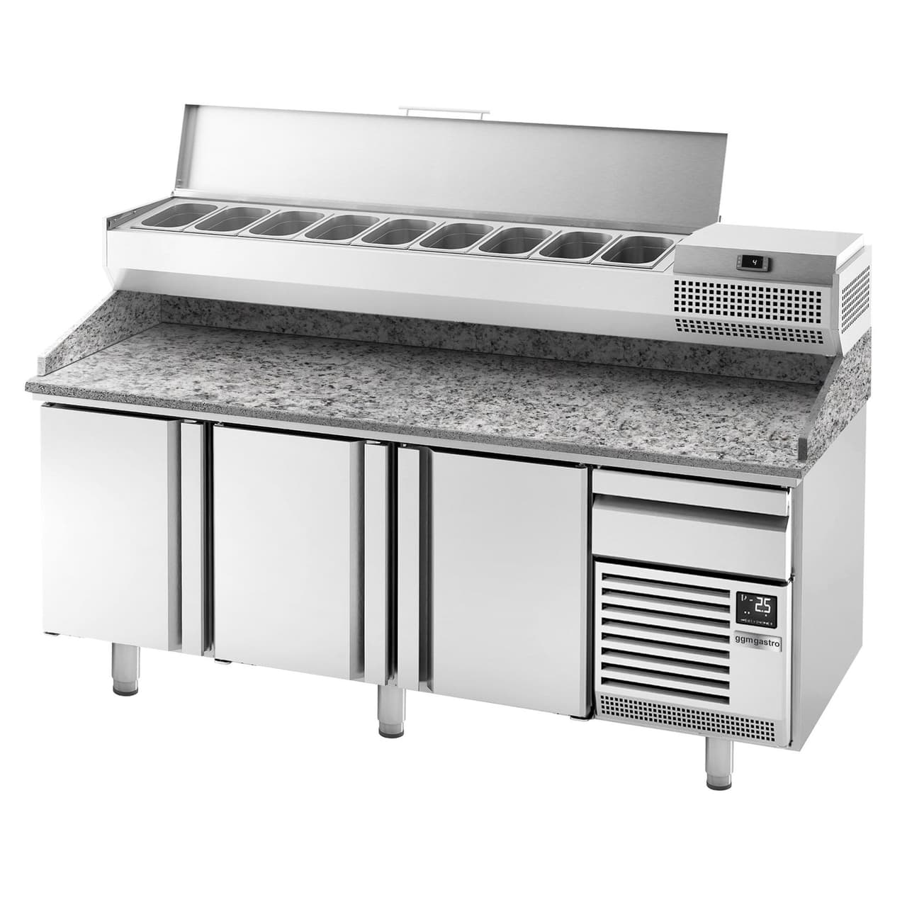 Pizza preparation table Premium PLUS- 2305x800mm - with 3 doors - incl. refrigerated display case - 11x GN 1/4