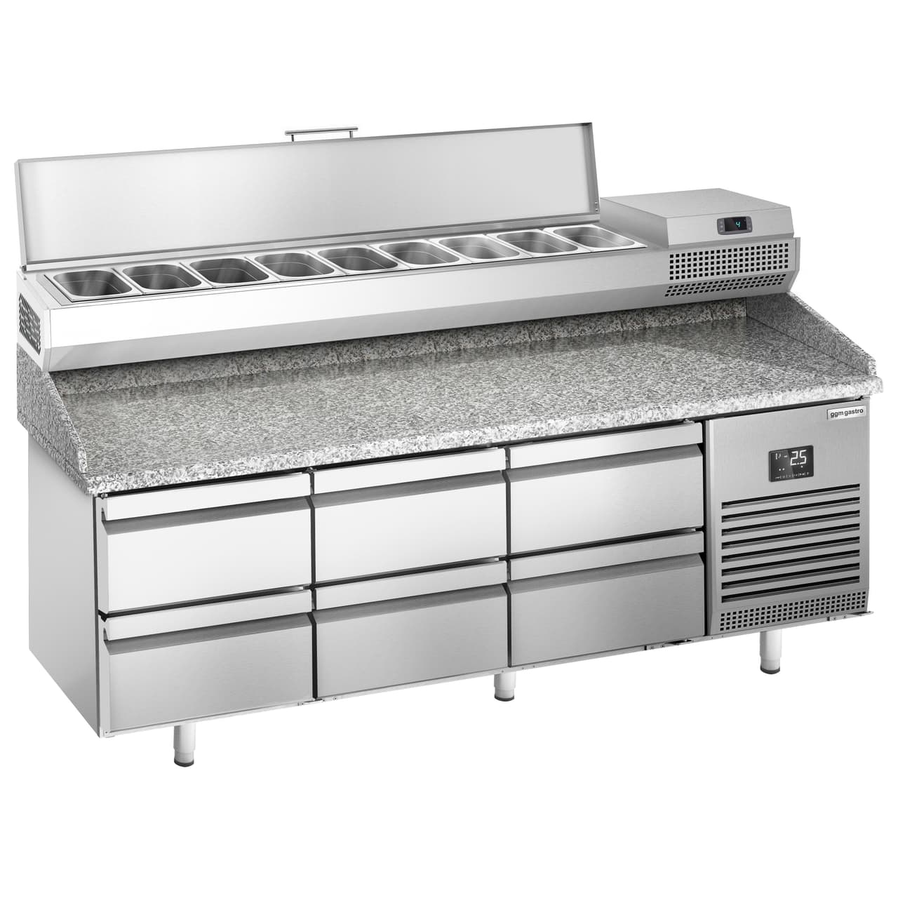 Pizza preparation table Premium PLUS- 1980x700mm - with 6 drawers - incl. refrigerated display case - 9x GN 1/4