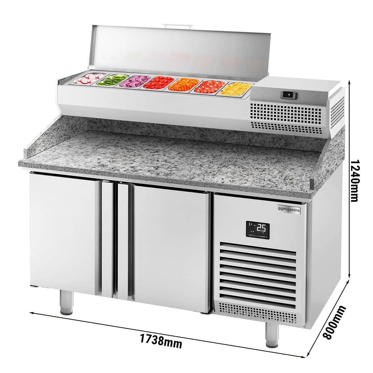 Pizza preparation table Premium PLUS- 1783x800mm - with 2 doors - incl. refrigerated display case - 7x GN 1/4