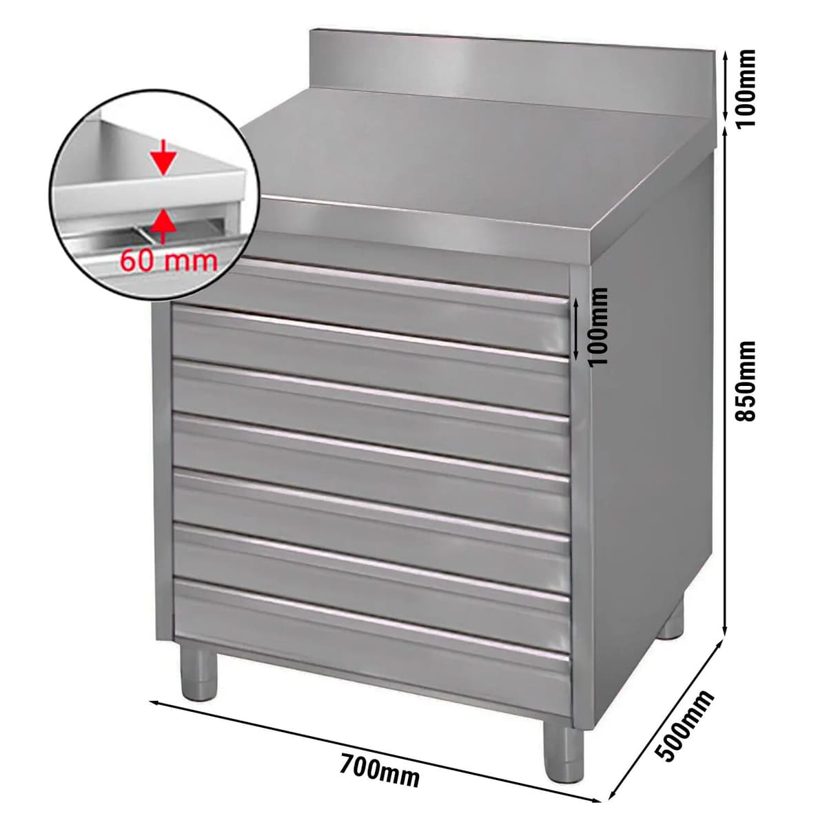 ECO drawer cabinet with 6 drawers for pizza dough balls & backsplash - 700x500mm