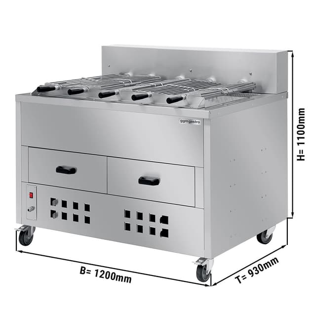 Holzkohlegrill/ Röster für Hähnchen - 1200mm - mit 5 Spieße