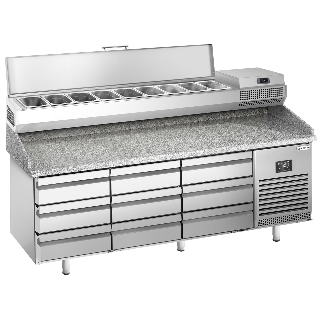 Pizza preparation table Premium PLUS - 1980x700mm - with 9 drawers - incl. refrigerated display case - 9x GN 1/4