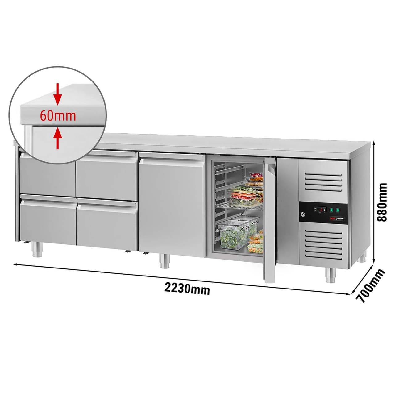 Chladicí stůl ECO - 2,2 x 0,7 m - se 2 dveřmi & 4 šuplíky 1/2