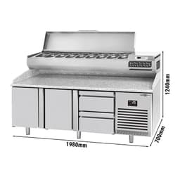 Pizza preparation table Premium PLUS- 1980x700mm - with 2 doors & 2 drawers - incl. refrigerated display case - 9x GN 1/4