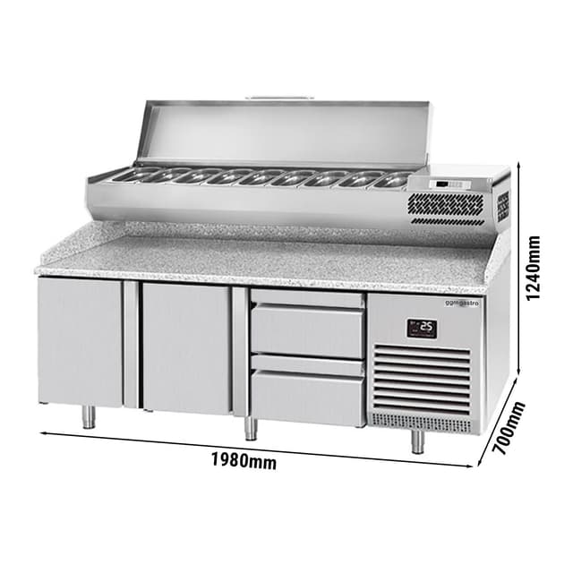 Pizza preparation table Premium PLUS- 1980x700mm - with 2 doors & 2 drawers - incl. refrigerated display case - 9x GN 1/4