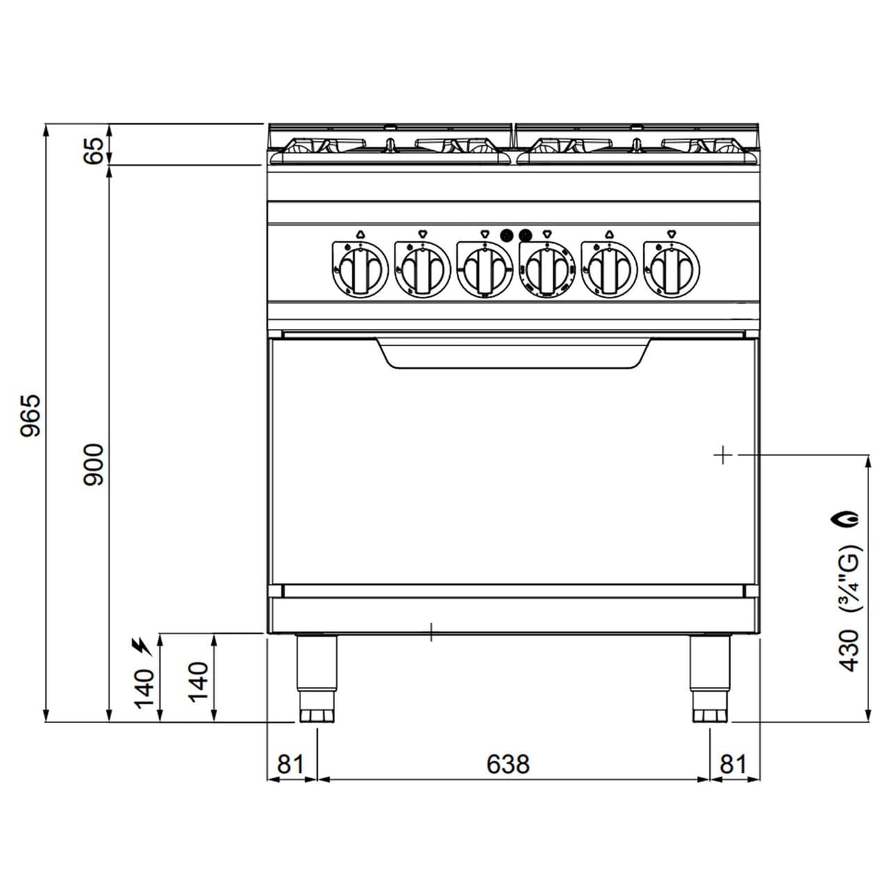 Plynový sporák 4 hořáky (34,5 kW) + elektrická statická trouba (7,5 kW)