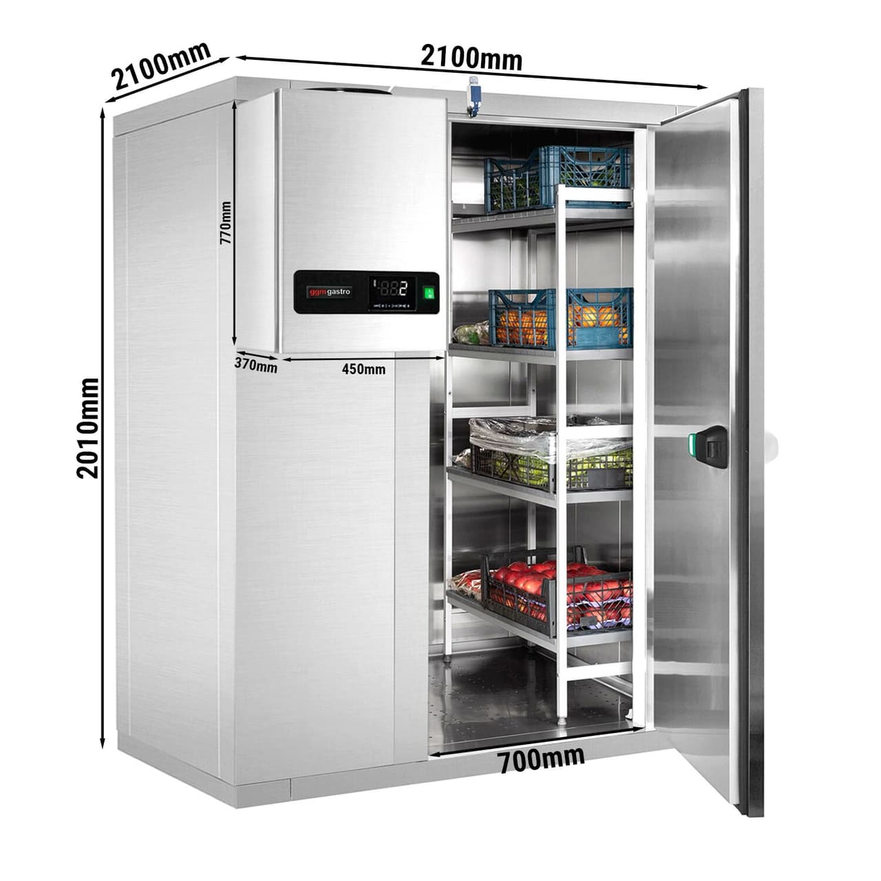 Stainless steel cold room - 2100x2100mm - 6.9m³ - incl. cooling unit