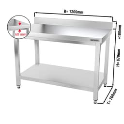 Edelstahl Arbeitstisch PREMIUM - 1200x700mm - mit Grundboden & Aufkantung