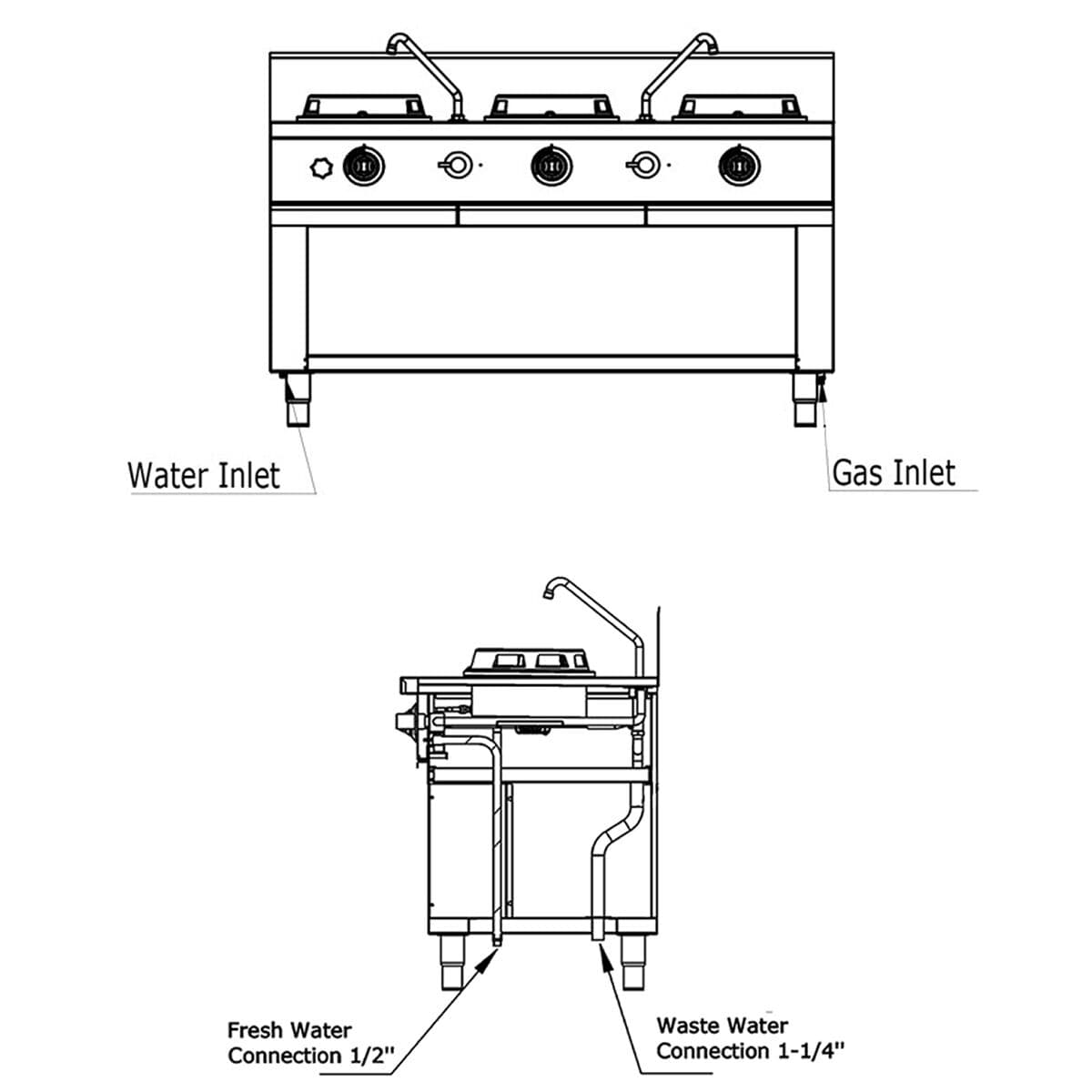 Gas wok cooker - 45 kW - 3 hobs - incl. 2 mini water columns