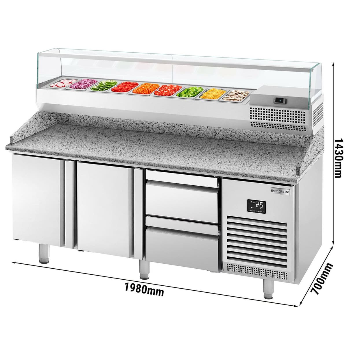 Pizza preparation table Premium PLUS - 1980x700mm - with 2 doors & 2 drawers - incl. refrigerated display case - 9x GN 1/4