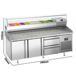 Pizza preparation table Premium PLUS - 1980x700mm - with 2 doors & 2 drawers - incl. refrigerated display case - 9x GN 1/4