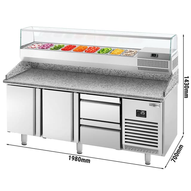 Pizza preparation table Premium PLUS - 1980x700mm - with 2 doors & 2 drawers - incl. refrigerated display case - 9x GN 1/4